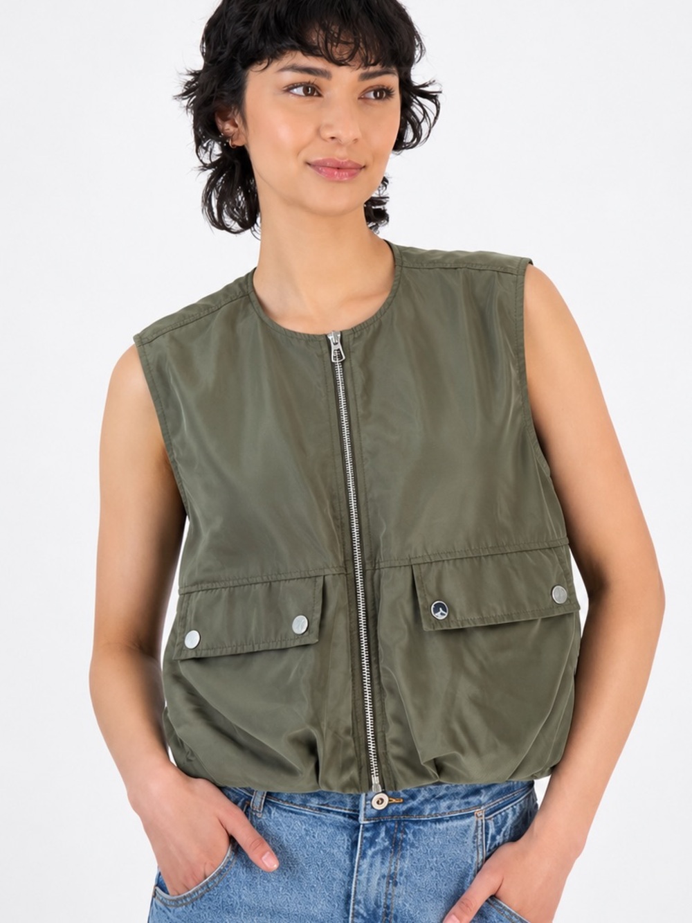 Bar III Olive Green Women's Bubble-Hem Cargo Vest size XS